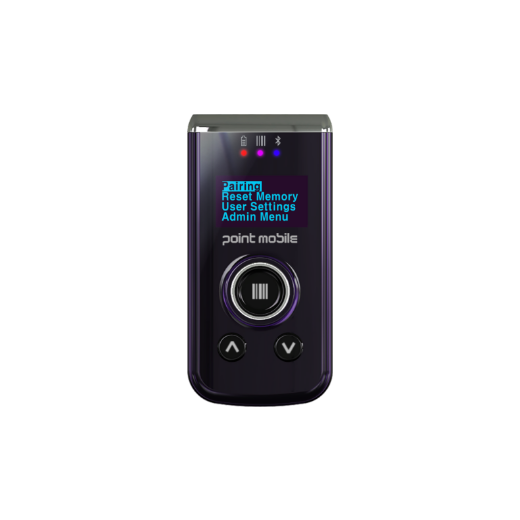 포인트모바일 PM3 블루투스 바코드 스캐너 — 1인치 OLED 메뉴 화면, 스캔 버튼, 상하 탐색 키